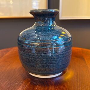 Beautiful, small blue glaze pottery, handmade vase signed